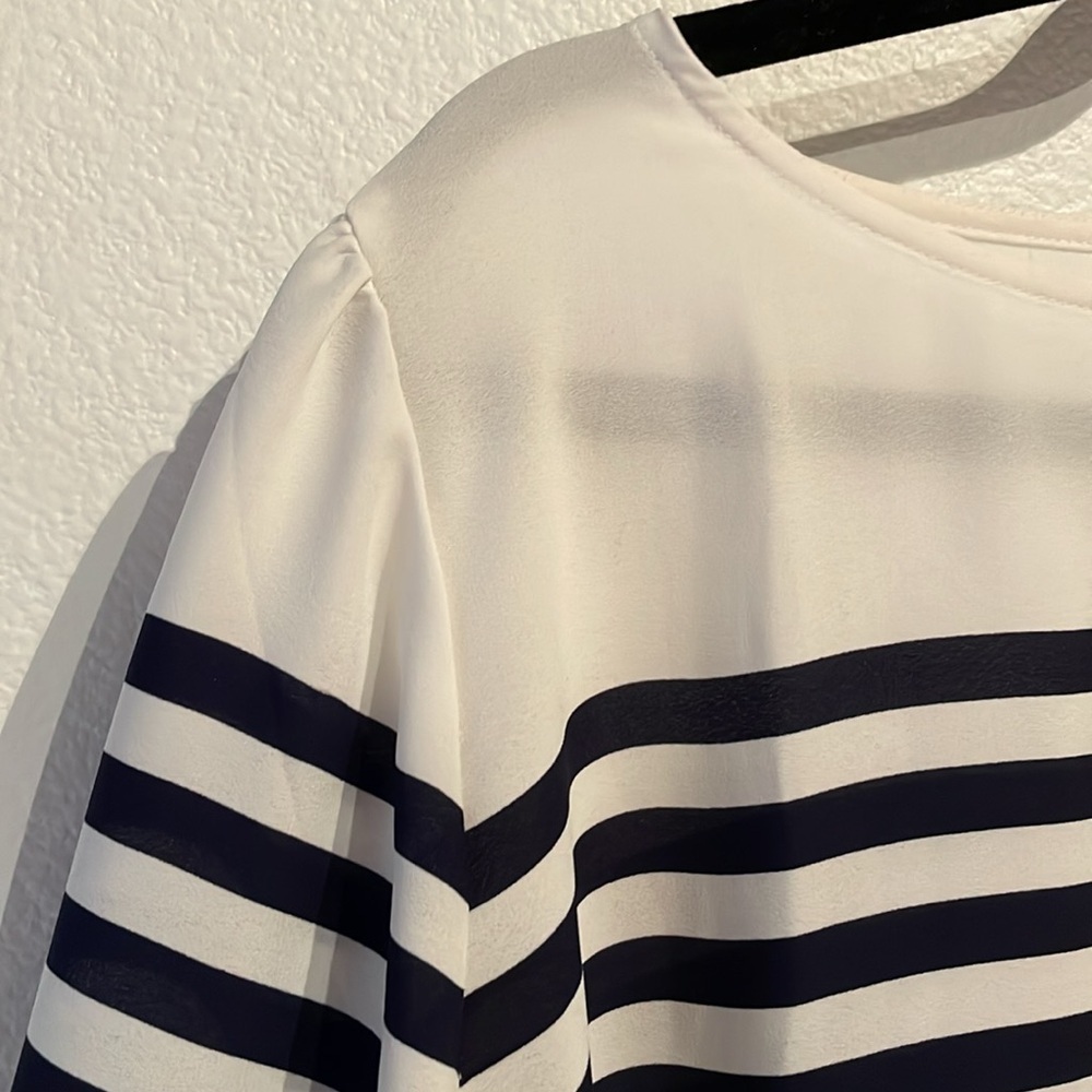 Loft Nautical Stripe Wide Neck Blouse, Navy, Size L - Picture 3 of 10